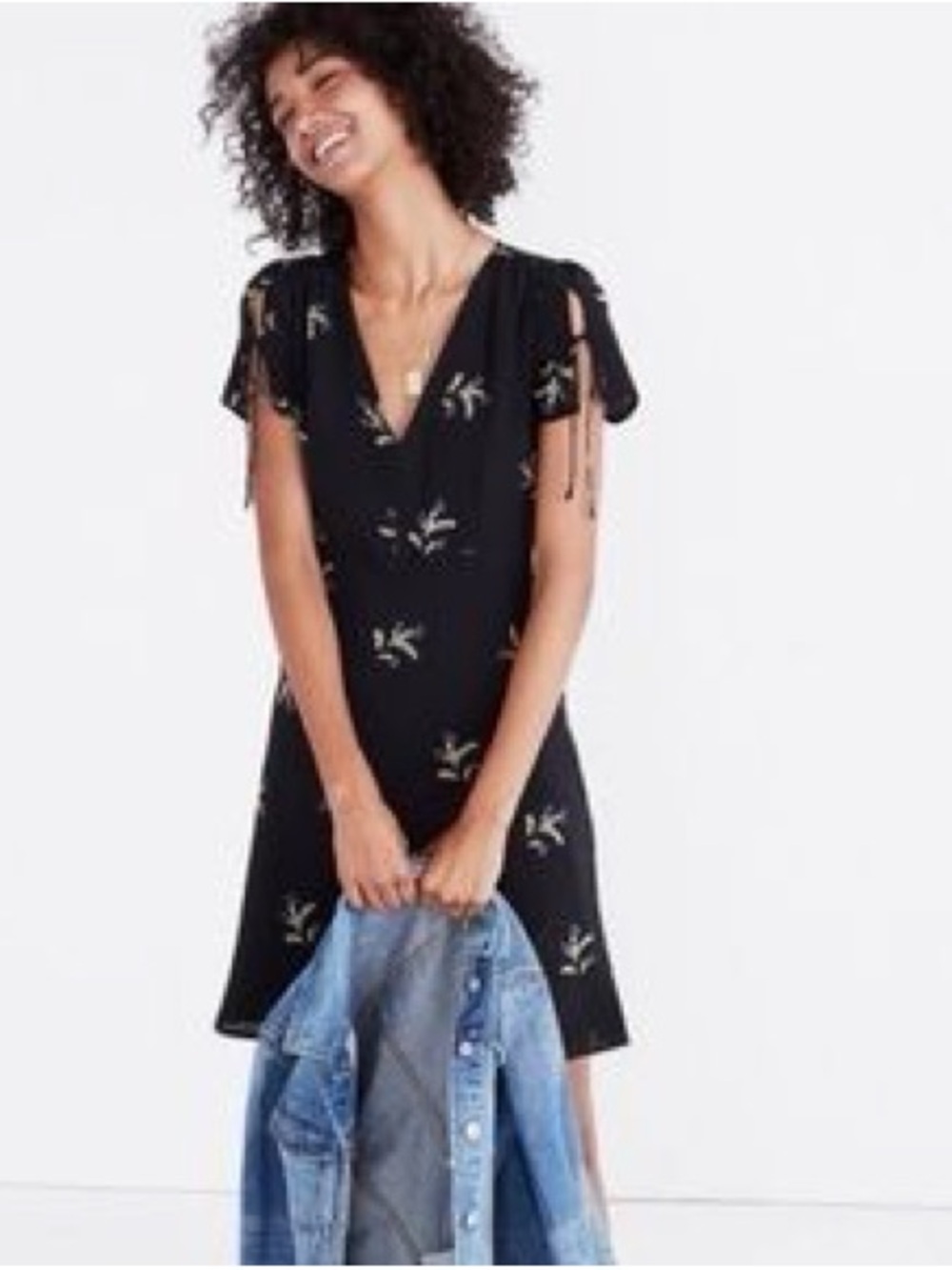 Madewell Wild Botanical Silk Poppy Black Floral V-Neck Tie-Sleeve Dress